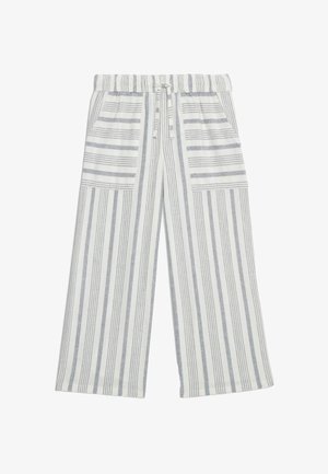 Spodnie szerokie w lekkim materiale z pionowymi szaro-białymi paskami, z elastycznym pasem i przednimi kieszeniami.