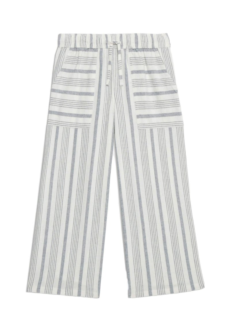 Breda byxor i ett lätt tyg med vertikala grå och vita ränder, elastisk midjeband och framfickor.