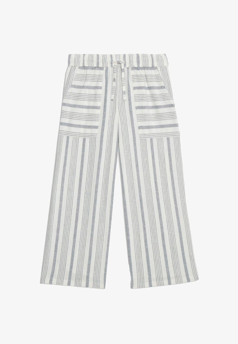 Brede broekspijpen in een lichtgewicht stof met verticale grijs-witte strepen, een elastische tailleband en voorzakken.