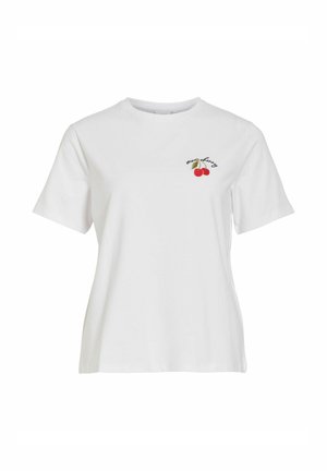 Tricou alb cu mâneci scurte, cu o mică grafică cu cireșe roșii și textul „more cherry” pe partea stângă a pieptului, vedere frontală, fundal simplu.