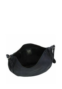 Borsa a mano in pelle blu navy con chiusura a zip, caratterizzata da una superficie liscia e un design semplice. L'interno è nero con una tasca con zip.