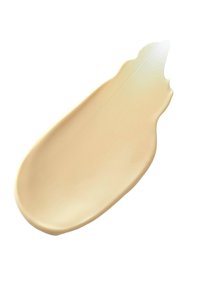 Beige Kosmetikprodukt in einer glatten, cremigen Textur, aufgetragen in einer sich verjüngenden Form mit einer leichten Welle am Ende.