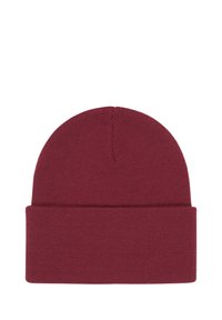 Beanie lavorato a maglia di colore bordeaux scuro. Design con risvolto e una texture liscia e morbida. Parte superiore arrotondata con una cucitura che va dalla corona alla base.