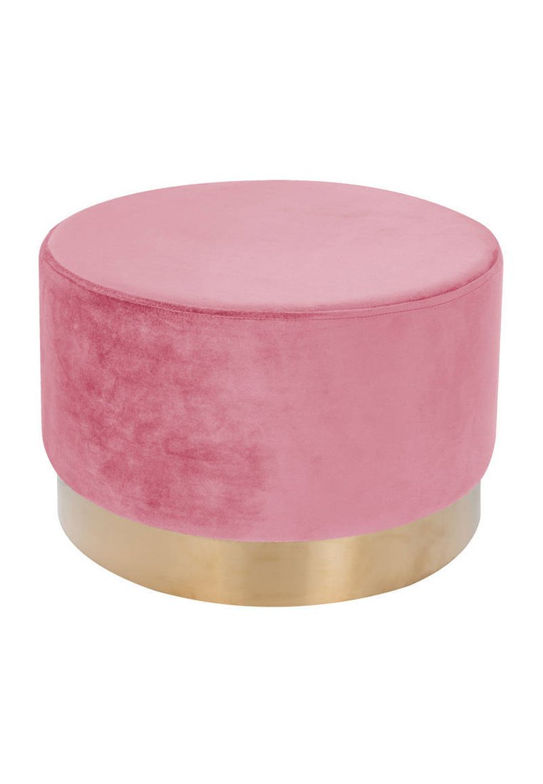 Runder Hocker, der mit weichem, rosa Samt bezogen ist und über eine glatte, goldene Metallbasis verfügt. Er bietet ein modernes Design mit einer eleganten, minimalistischen Ästhetik.