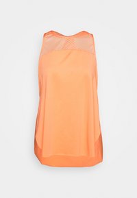 Orange ärmlös topp med en slät yta, med ett nätpanel över den övre ryggen. Böjd nederkant, avslappnad passform och ingen synlig hårdvara.