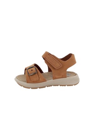 Sandalo in pelle marrone con cinturino regolabile con fibbia sopra le dita e cinturino in velcro intorno alla caviglia, suola beige imbottita con grip testurizzato.
