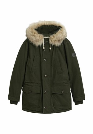 Olive green parka jacket with a faux fur-lined hood, snap and zip closure, two front pockets, and a textured fabric finish.