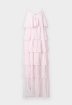 Heledad roosa kihtidega kleit, mis on valmistatud läbipaistvast kangast, reguleeritavate spagetitrasside ja V-kaelusega, sisaldades viit horisontaalset kihti.