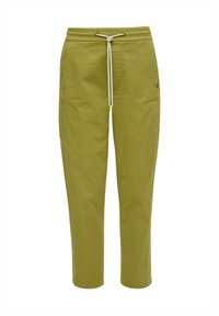 Pantalons tapered vert clair avec une taille élastique, fermeture à cordon et poches latérales. Matière en coton lisse avec un design simple.