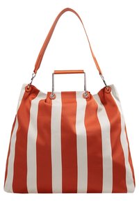 Grande borsa a tracolla con righe arancioni e bianche alternate, realizzata in tessuto resistente, con manico superiore strutturato e tracolla staccabile.