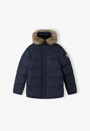 Navy blue padded jacket with a faux fur-lined hood, zippered chest pocket, and two front pockets. Features horizontal stitching pattern.