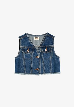 Denim vest in een blauwe tint, mouwloos ontwerp, twee voorkezen, knoopsluitingen en een rafelige zoom aan de onderkant.