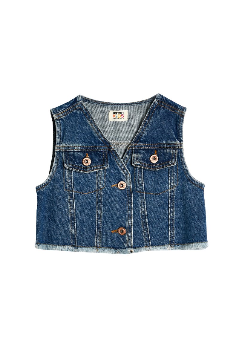 Jeansweste in Blautönen, ärmelloses Design, zwei Vordertaschen, Knopfverschluss und ausgefranster Saum am unteren Ende.