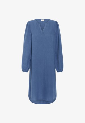 Blue, long-sleeved dress with a v-neckline and gathered cuffs. Made of a textured fabric, features a slightly curved hem for a relaxed fit.