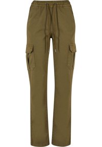 Pantalon cargo vert avec taille élastique, cordon de serrage, poches latérales à rabat et poches avant obliques, coupe droite.