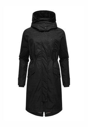 Manteau long noir avec un col haut, fermeture à boutons, deux poches avant et une poche zippée sur la poitrine ; il présente une doublure intérieure texturée.