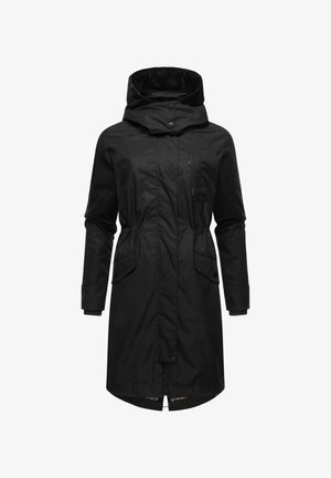 Black long coat with a high collar, button closure, two front pockets, and a zipper pocket on the chest; features a textured interior lining.