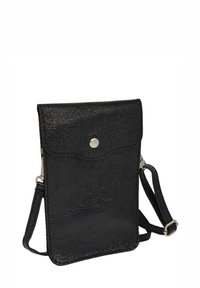 Sac bandoulière en similicuir noir avec finition texturée, fermeture à pression, sangle réglable et design rectangulaire minimaliste.