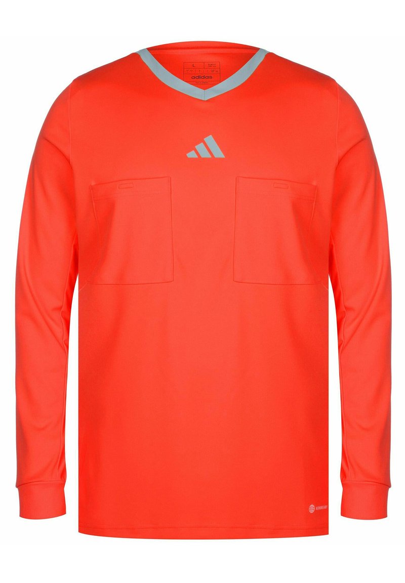 Langarmtrikot aus leuchtend orangefarbenem Stoff, mit V-Ausschnitt, hellblauen Akzenten und zwei Fronttaschen. Sportmarken-Logo auf der Brust.