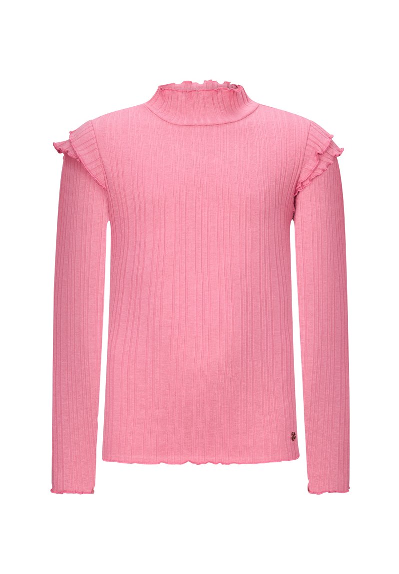 Maglietta a maniche lunghe in rosa chiaro a coste con un collo a mock ruffle e dettagli sottili sull'orlo. Realizzata in tessuto morbido e elasticizzato.