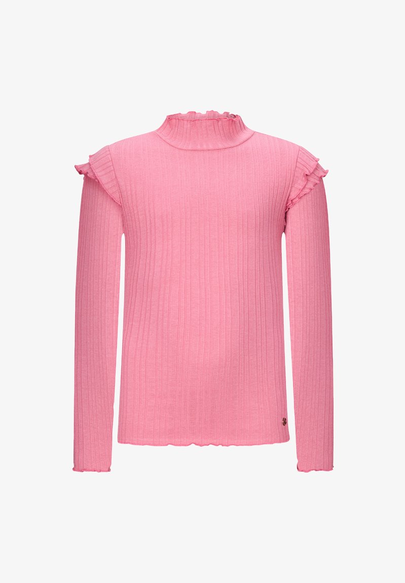 Langärmliges, geripptes Oberteil in hellem Rosa mit einem rüschierten Stehkragen und dezenten Saumdetails. Aus weichem, elastischem Material gefertigt.