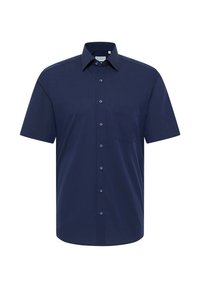 Marineblaues Kurzarm-Hemd mit Knöpfen aus glattem Stoff, ausgestattet mit einer Brusttasche und blauen Knöpfen, im klassischen Kragenstil.