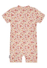 Kurzarm-Spielanzug aus weichem Stoff mit einem mehrfarbigen Blumenmuster auf einem cremefarbenen Hintergrund und Druckknöpfen am Boden.