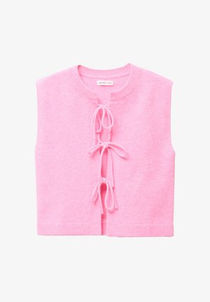 Pink knitted vest with a round neck, cropped design, and front ties, featuring ribbed hem detailing. Soft texture with a smooth finish.