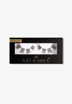Black packaging with gold lettering contains two pairs of black false eyelashes, featuring varied lengths and wispy texture.