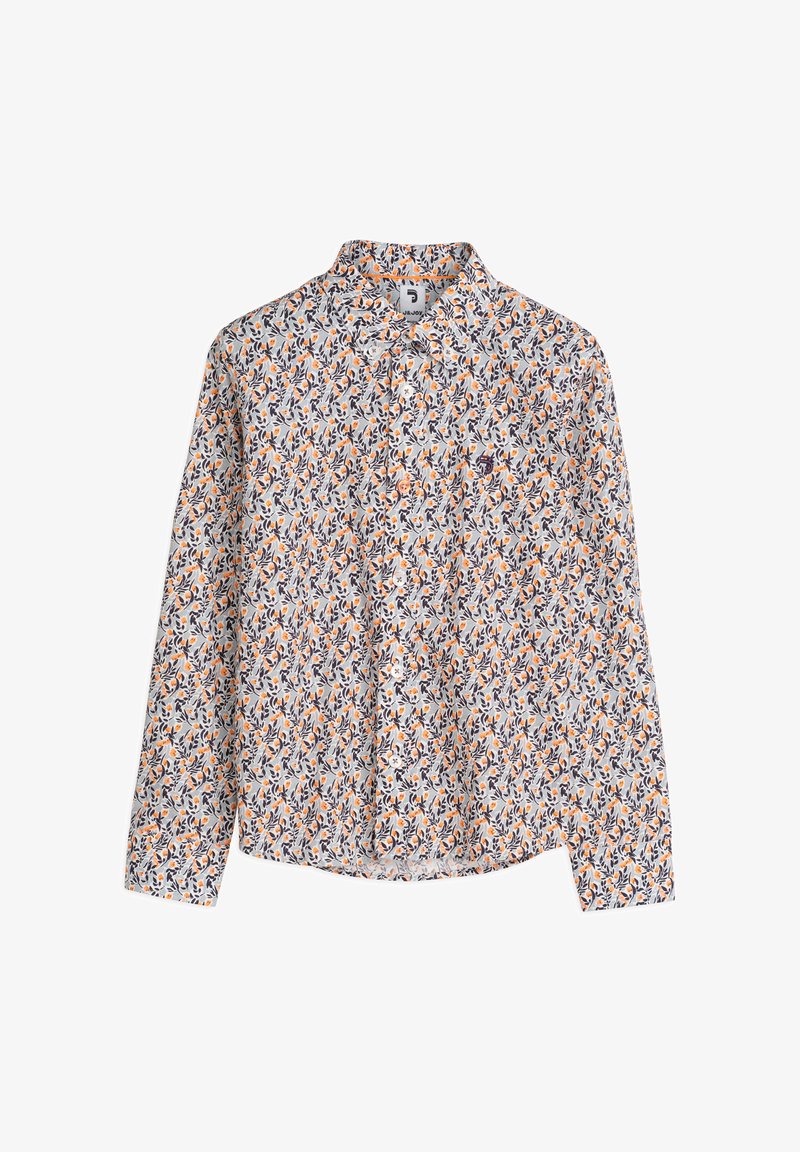 Lange mouwen overhemd met knopen in lichtgrijze stof, voorzien van een bloemenpatroon in oranje en blauw. Met kraagontwerp en manchetten bij de pols.