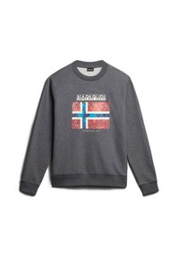 Sudadera gris con un diseño impreso de la bandera noruega con acentos en azul, rojo y blanco. Puños y cuello acanalados.