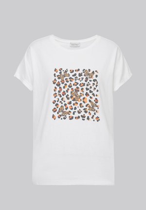 White t-shirt with short sleeves featuring a leopard print design in orange, black, and brown on a square pattern at the center.