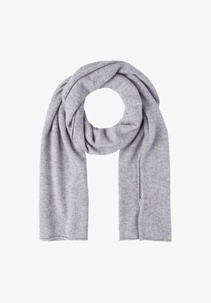 Gray knitted scarf, wide and long with a soft texture, displaying minimalistic design and a small branded tag on one end.