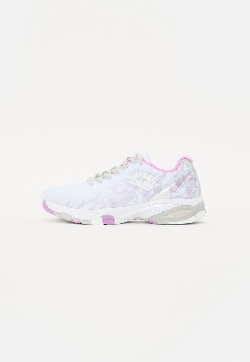 White athletic shoe with purple accents, featuring a textured upper and smooth sole design, providing a lightweight, breathable profile.