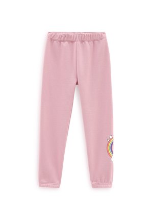 Leggings pour enfants rose clair avec taille élastique et motif arc-en-ciel avec étoiles et nuage sur la partie inférieure de la jambe droite.