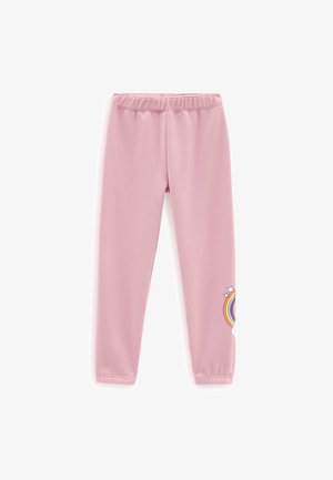 Leggings pour enfants rose clair avec taille élastique et motif arc-en-ciel avec étoiles et nuage sur la partie inférieure de la jambe droite.