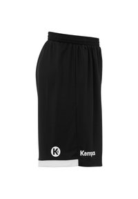 Pantalones cortos deportivos negros con una cinturilla elástica, que presentan detalles blancos en el dobladillo y el logo "Kempa" en el lateral. Fabricados con tejido liviano.