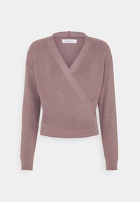 Suéter envolvente de punto en malva con mangas largas, escote en V, textura acanalada y diseño corto con un lazo en la espalda para cierre.