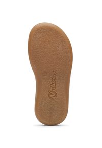 Suola di scarpa in gomma marrone con un intricato motivo floreale, bordi lisci e un logo in rilievo sobrio. Forma arrotondata con punta curvata.