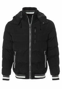 Schwarze Puffjacke mit Kapuze, Reißverschluss vorne, gestreifte Bündchen und Saum, mit gesteppten Einsätzen und verstellbaren Kordeln.