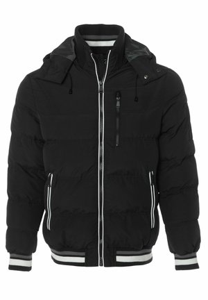 Schwarze Puffjacke mit Kapuze, Reißverschluss vorne, gestreifte Bündchen und Saum, mit gesteppten Einsätzen und verstellbaren Kordeln.