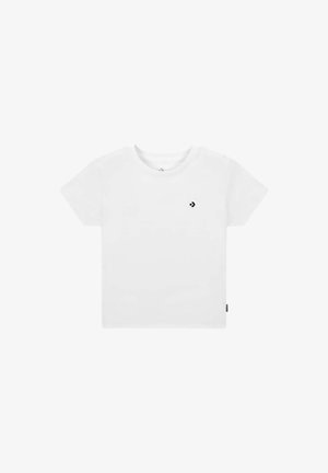 Camiseta blanca de manga corta hecha de algodón con cuello redondo. Presenta un pequeño logo negro en el área del pecho izquierdo.