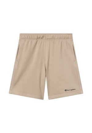 Beige elastic waist shorts with side pockets and "Champion" logo embroidered in black on the lower left leg.