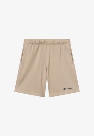 Shorts beige à taille élastique avec poches latérales et logo « Champion » brodé en noir sur la partie inférieure de la jambe gauche.