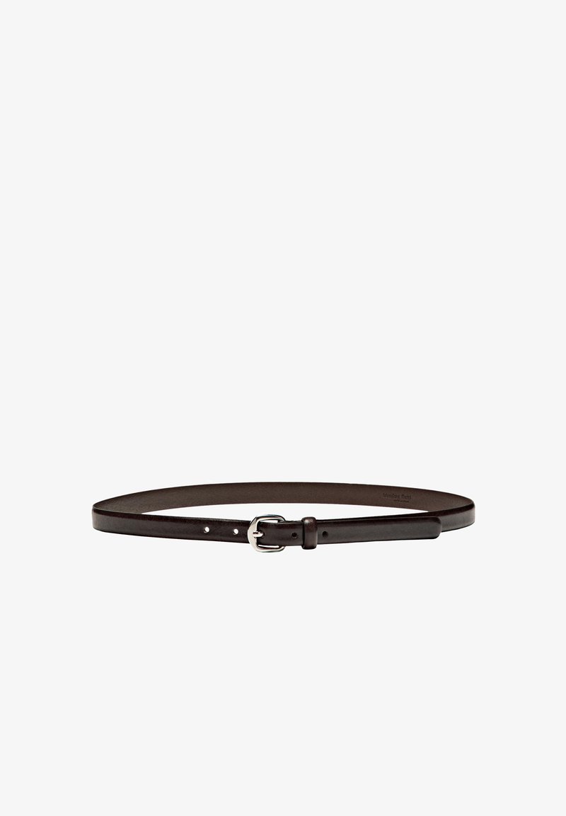 Brown leather belt with a thin design, featuring a silver metal buckle and adjustable holes along the strap for fit.