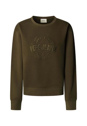 Sudadera verde oliva con cuello redondo, logo "PEPE JEANS" en relieve y adornos en espiral en el frente, puños y dobladillo acanalados.