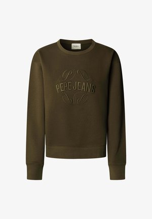 Õlivihre roheline kaelusega dressipluus esiküljel reljeefse "PEPE JEANS" logoga ja dekoratiivsete keerutustega, soonilised mansetid ja alumine serv.