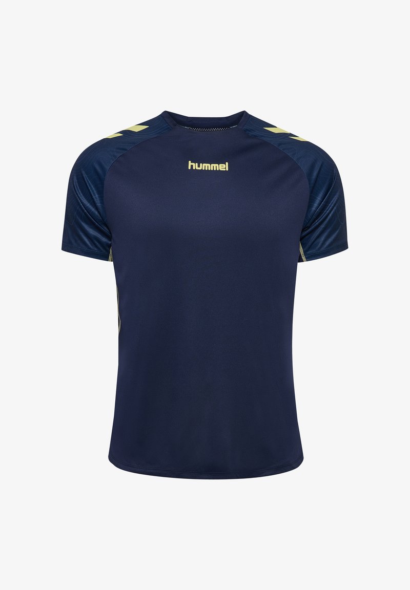 Navyblaues Sport-T-Shirt mit kurzen Ärmeln, dunkleren Schultereinsätzen und gelbem "hummel"-Logo in der Mitte der Brust.