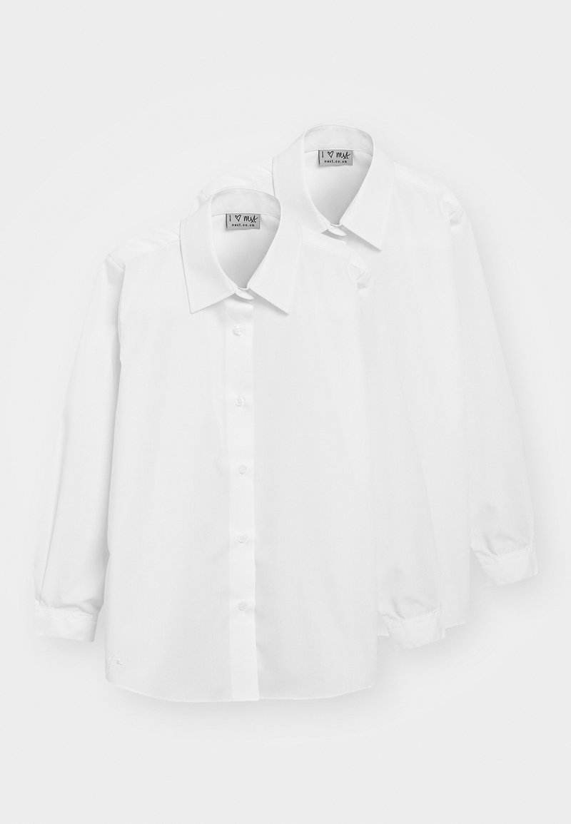 Two long-sleeve white dress shirts made of smooth fabric. Features a classic collar and front buttons, with cuffs ending at the wrist.
