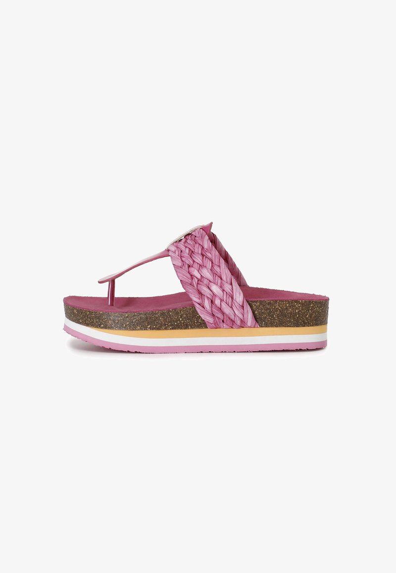 Infradito piattaforma intrecciati rosa con upper testurizzato, sole in sughero e accenti sovrapposti bianchi, gialli e rosa sulla suola.